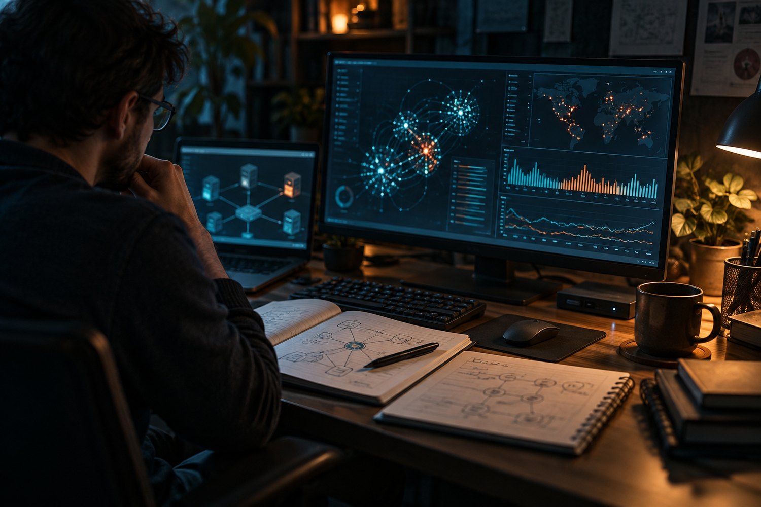A researcher reviewing abstract honeypot telemetry and a hand-drawn network map