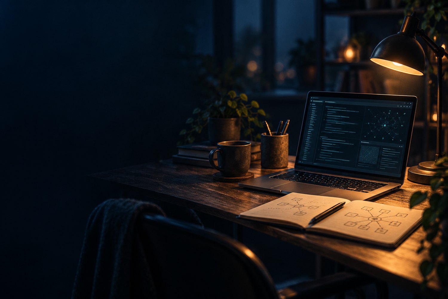 A quiet security research workspace with a laptop, notebook and network sketch