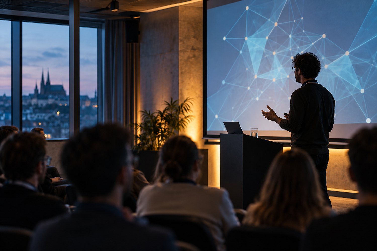 A speaker presenting a network security concept to a small conference audience